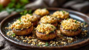 Champignons farcis au four à l’ail et fines herbes : l’apéro à la fois fondant et croustillant