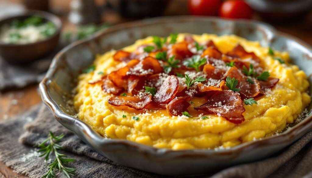 Ingrédients pour une polenta gratinée fondante au gorgonzola et à la pancetta