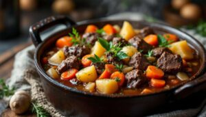 Bœuf mijoté en cocotte fondant aux légumes, une recette familiale généreuse qui embaume la cuisine pendant des heures