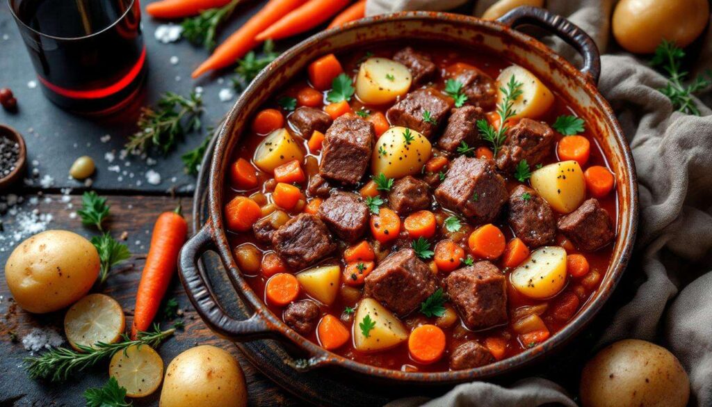 Bœuf mijoté en cocotte fondant aux légumes, une recette familiale généreuse qui parfume la cuisine pendant des heures