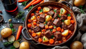 Bœuf mijoté en cocotte fondant aux légumes, une recette familiale généreuse qui parfume la cuisine pendant des heures