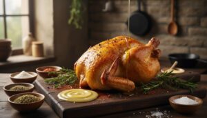 Rôti de poulet : recette dorée avec herbes et ail au four