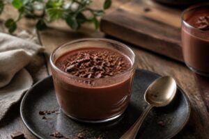 Crème au chocolat maison servie dans des ramequins blancs, texture onctueuse et brillante, photographiée en lumière naturelle sur une table en bois clair