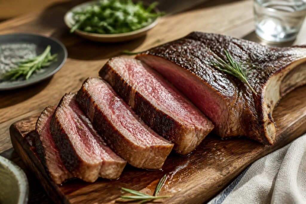 Côte de bœuf dorée et fumante sortant du four, posée sur une planche en bois avec du romarin frais et de la fleur de sel