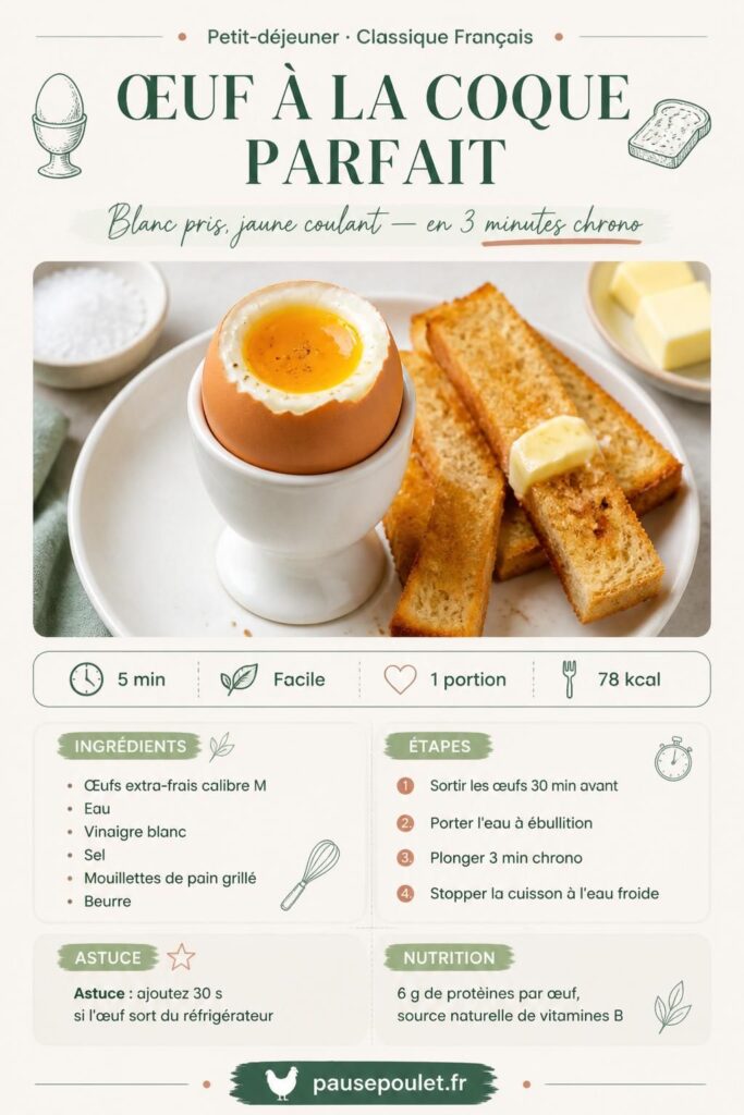 Œuf à la coque parfait servi dans un coquetier blanc avec des mouillettes dorées beurrées — recette pausepoulet.fr