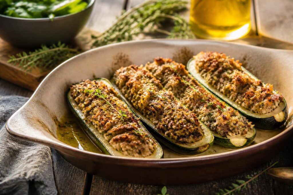 Courgettes farcies au four dorées et gratinées, garnies d'une farce à la viande hachée, fromage râpé et herbes fraîches, sur un plat en céramique