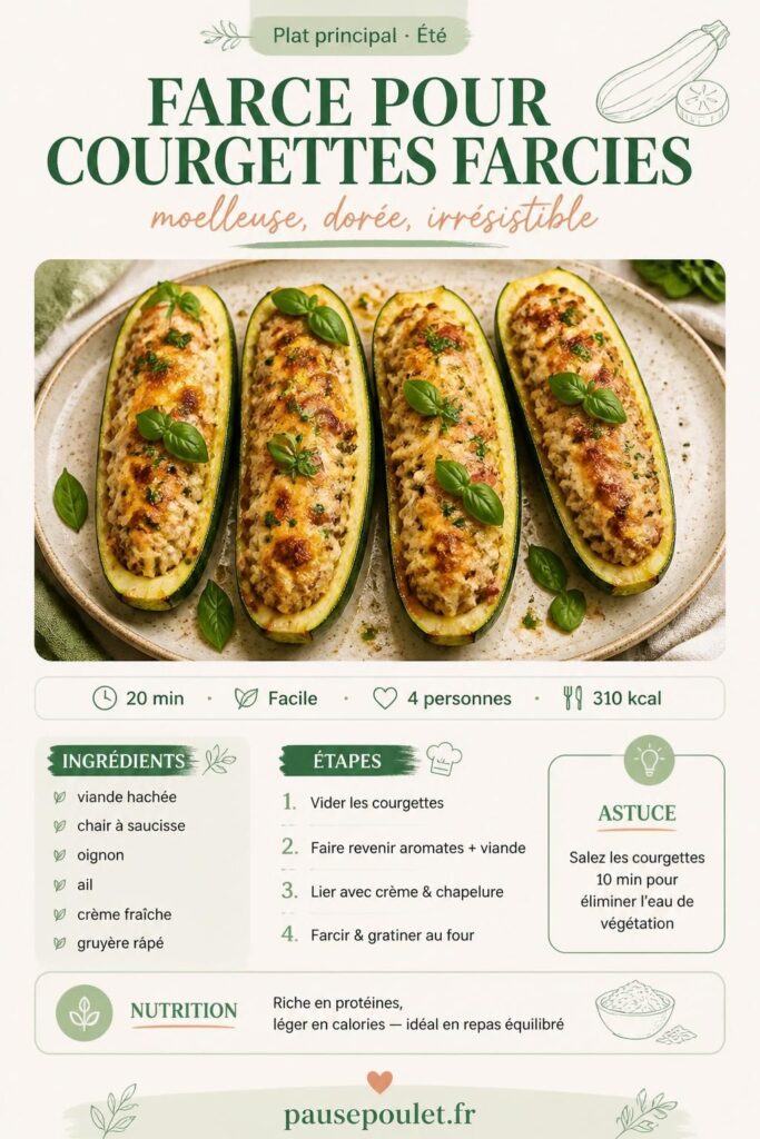 Épingle Pinterest — farce pour courgettes farcies moelleuse, viande hachée et fromage gratiné, recette facile sur pausepoulet.fr