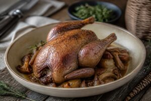 Pigeonneau au four doré et rôti, servi entier sur une planche en bois avec du thym frais et des gousses d'ail confites
