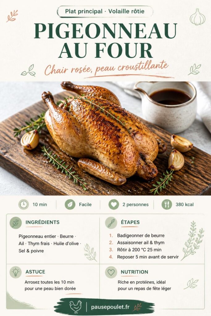 Pigeonneau au four doré avec thym et ail confit, recette facile en 35 min