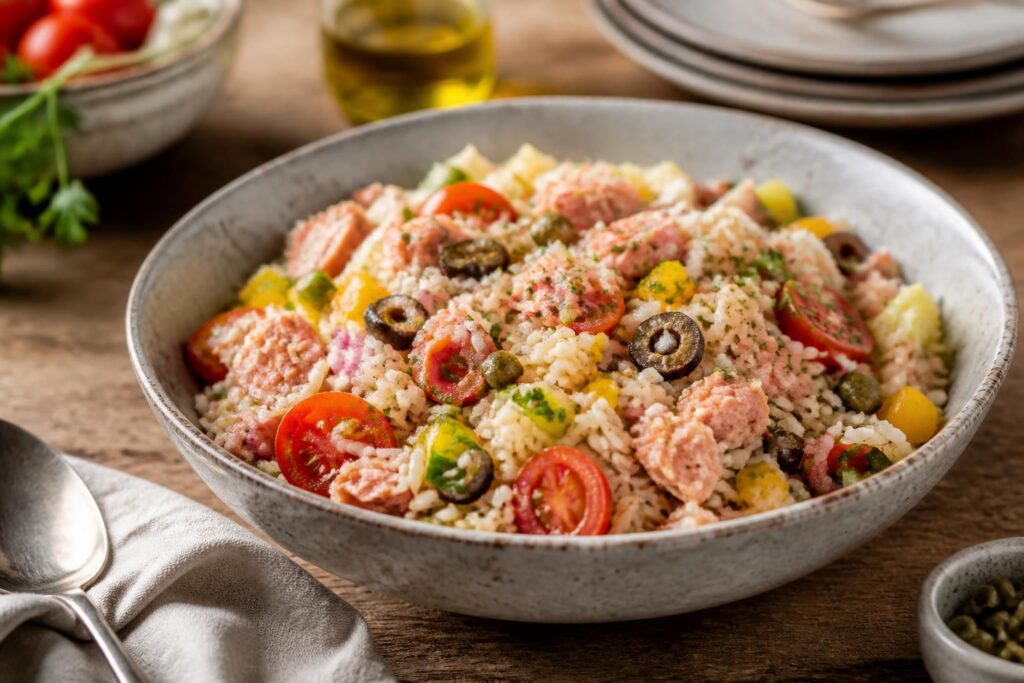 Salade de riz composée avec thon, tomates cerises, maïs, olives et œufs durs, servie dans un grand saladier blanc sur une table en bois clair