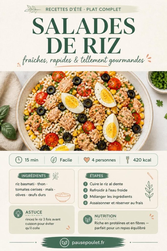 Salade de riz composée avec thon, tomates cerises, maïs et œufs durs — recette facile et fraîche