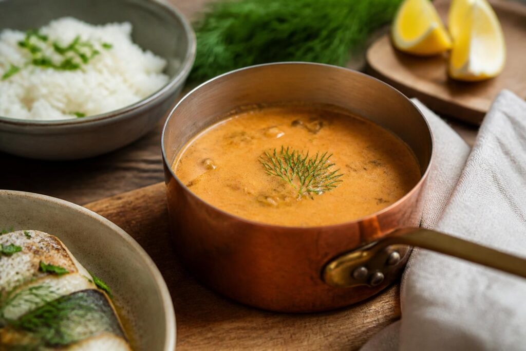 Cinq sauces pour poisson sans crème servies dans de petits bols blancs sur une table en bois clair, avec des herbes fraîches et des tranches de citron