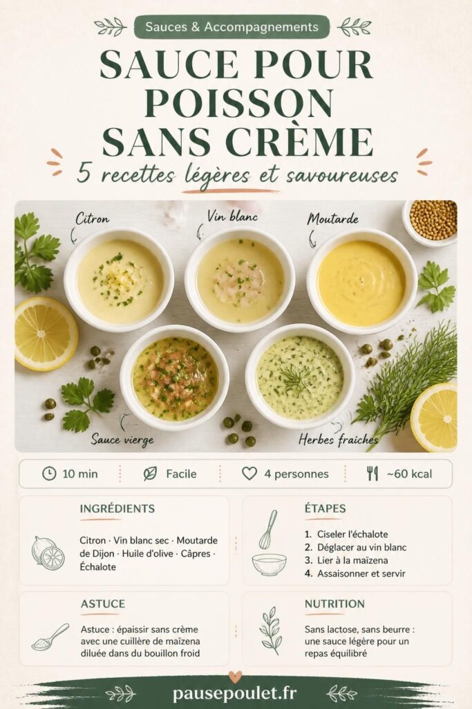 5 sauces pour poisson sans crème dans des bols blancs avec herbes fraîches et citron