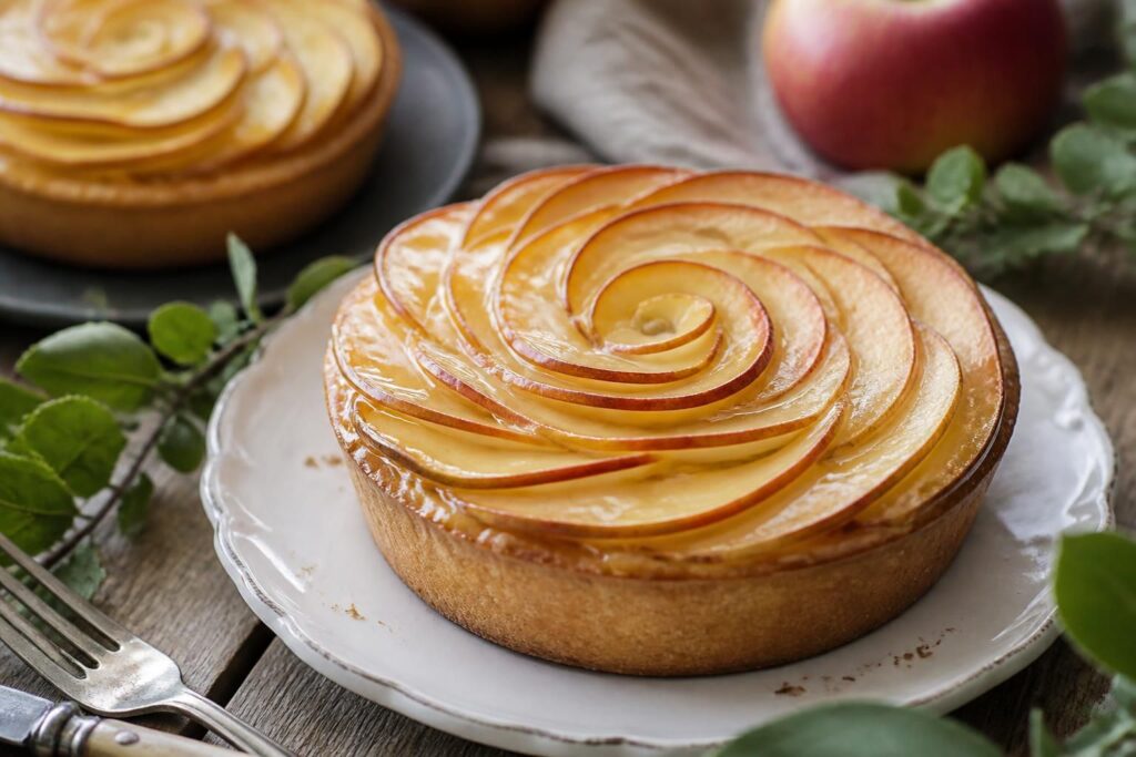 Tartelettes aux pommes et crème pâtissière maison, pâte sablée dorée, rosace de lamelles de pommes caramélisées, sur une grille en bois