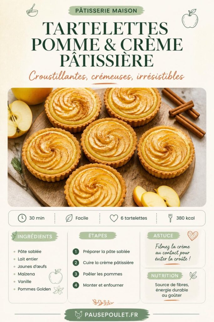 Tartelettes aux pommes et crème pâtissière maison, rosace de lamelles de pommes dorées sur crème vanillée, fond de tarte sablée
