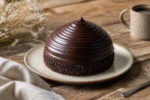 Têtes au chocolat maison sur fond sombre : coques en chocolat noir brillant, biscuit sablé et meringue italienne, saupoudrées de cacao