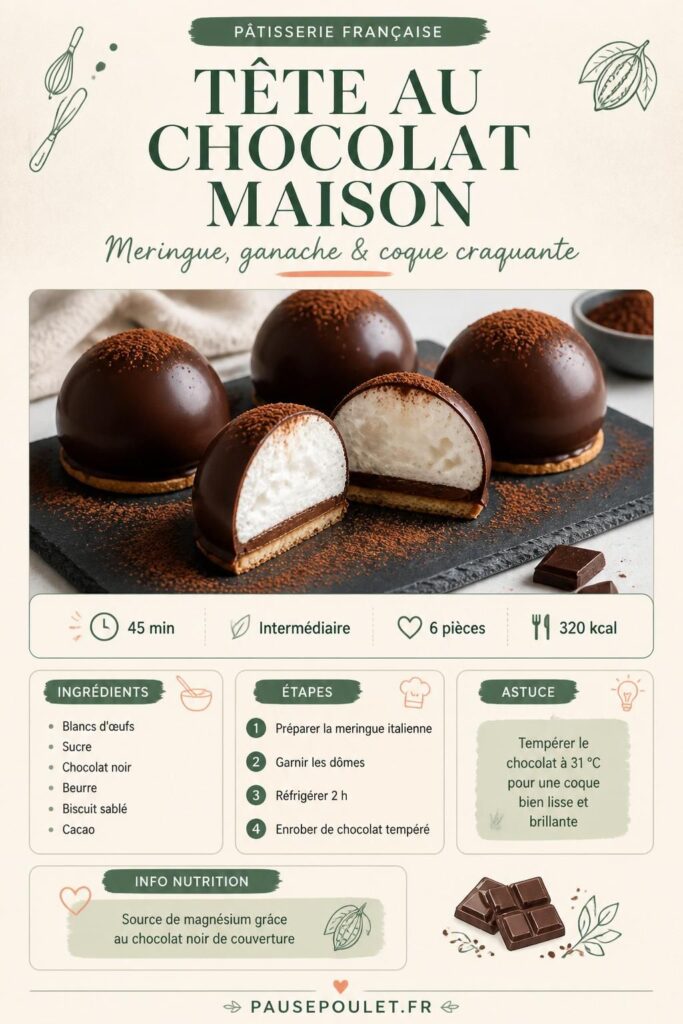 Tête au chocolat maison : meringue italienne, ganache et coque en chocolat noir tempéré