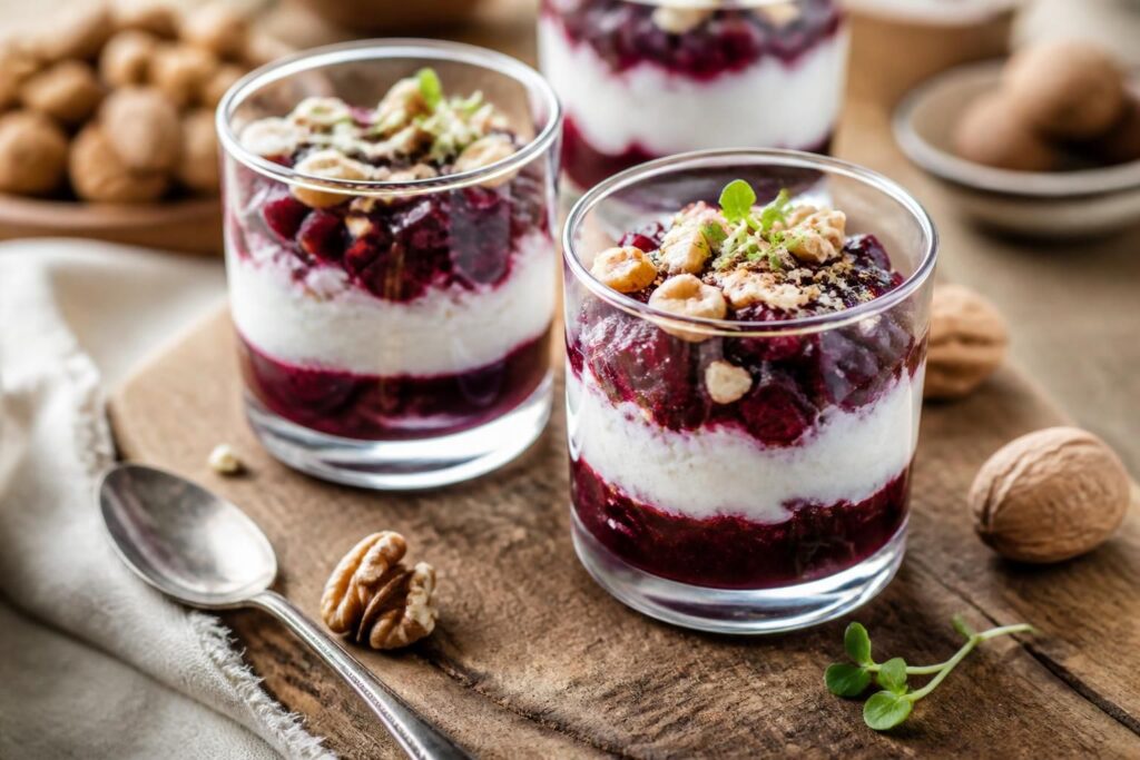 Verrines chèvre-betterave dressées dans des petits verres transparents, garnies de chèvre frais fouetté et de betterave rouge, servies à l'apéritif