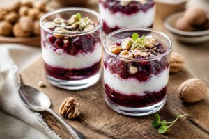 Verrines chèvre-betterave dressées dans des petits verres transparents, garnies de chèvre frais fouetté et de betterave rouge, servies à l'apéritif