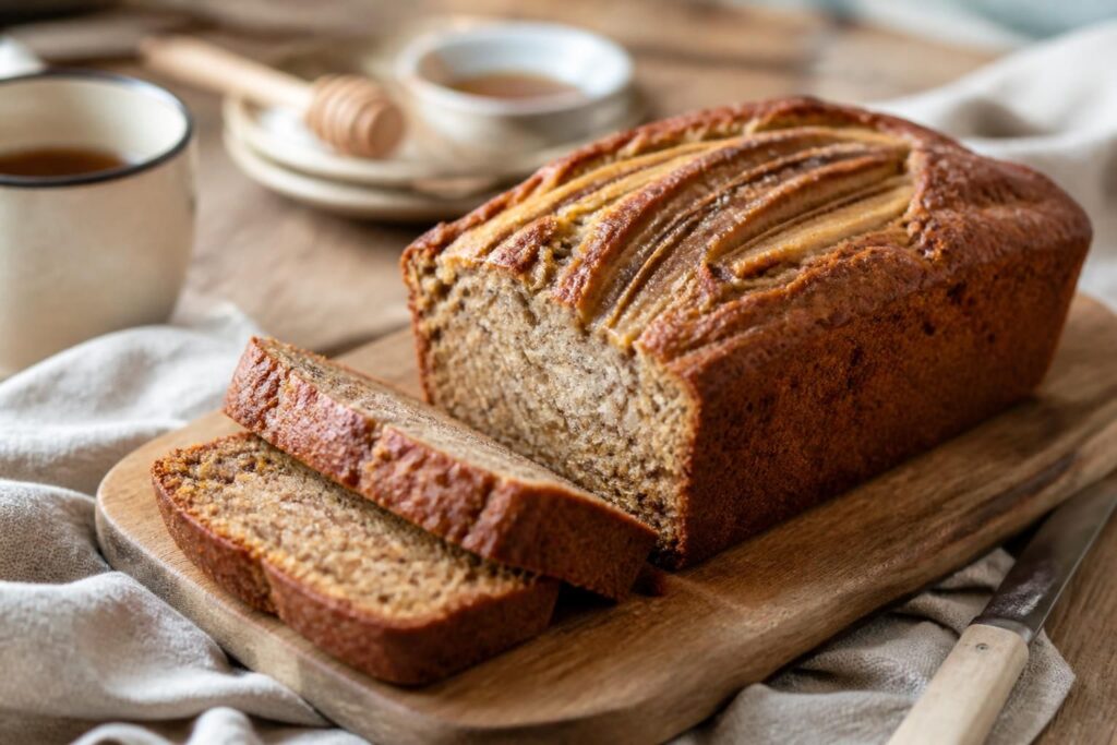 Tranches de banana bread healthy posées sur une planche en bois, avec des bananes mûres et des flocons d'avoine en arrière-plan