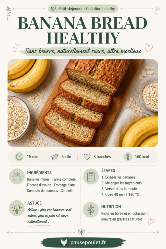 Tranches de banana bread healthy sur planche en bois, bananes et flocons d'avoine