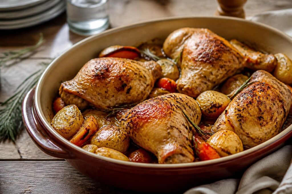 Cuisses de poulet au four dorées et croustillantes dans un plat en céramique, entourées d'herbes fraîches et de gousses d'ail rôties