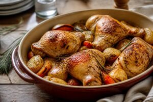 Cuisses de poulet au four dorées et croustillantes dans un plat en céramique, entourées d'herbes fraîches et de gousses d'ail rôties