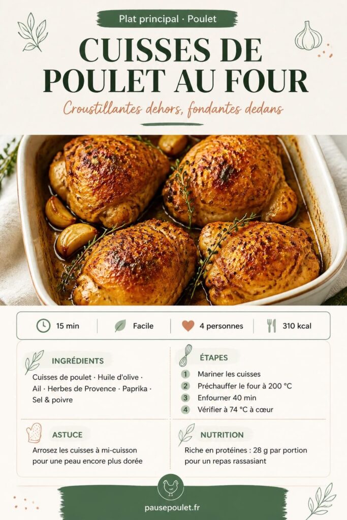 Cuisses de poulet au four croustillantes dans un plat céramique, herbes fraîches et ail rôti