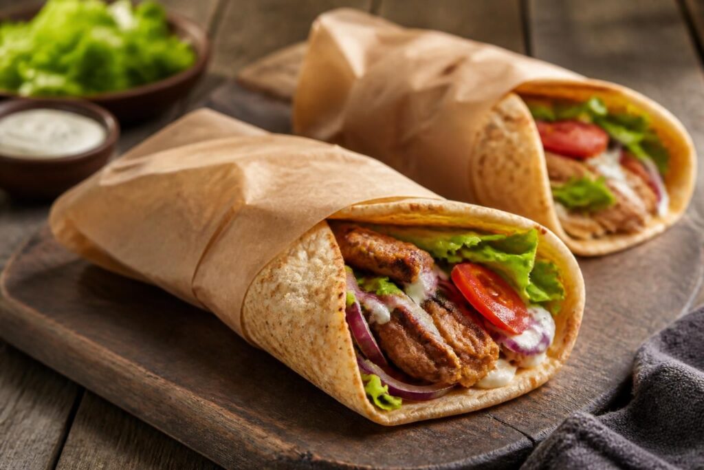 Galettes kebab maison (dürüm) cuites à la poêle, empilées sur un torchon, garnies de salade, tomate et sauce blanche
