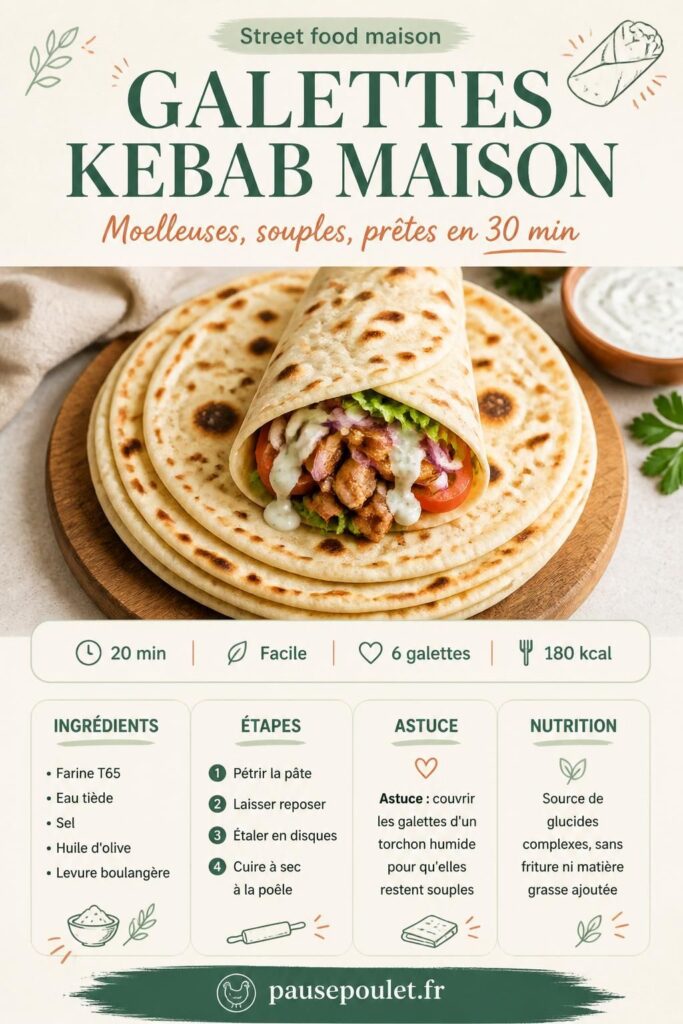 Galettes kebab maison (dürüm) cuites à la poêle, empilées, avec garniture salade tomate sauce blanche