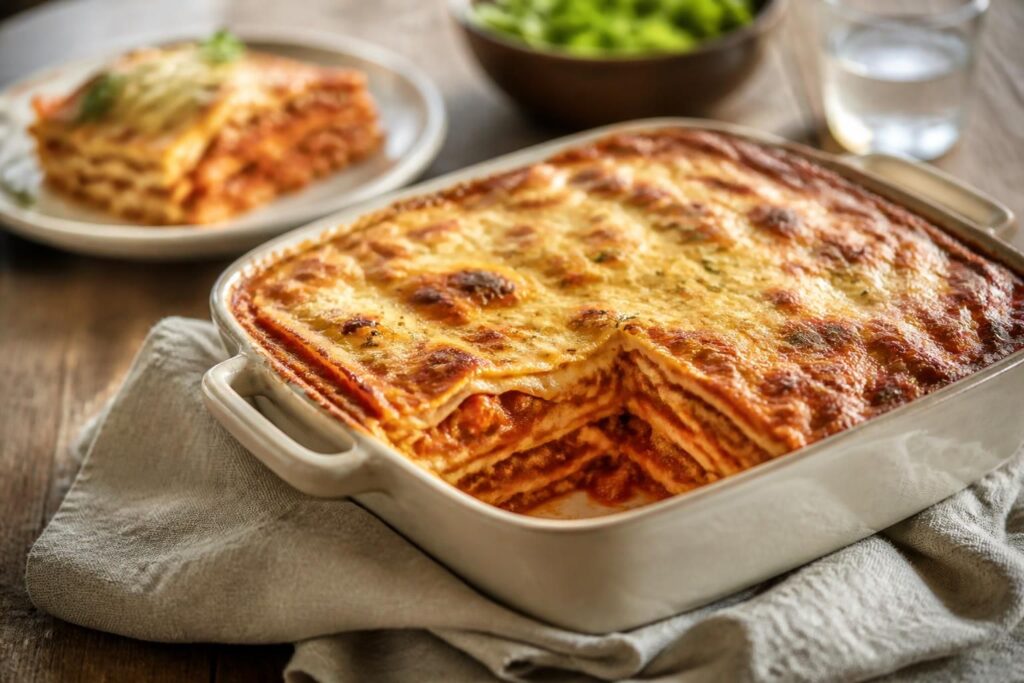 Plat de lasagnes maison à la bolognaise, gratin doré au gruyère râpé, sorti du four et découpé en parts généreuses