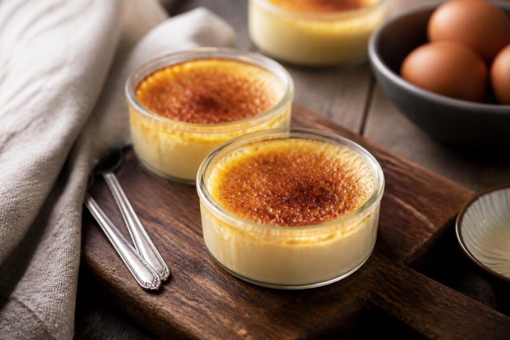 Crème aux œufs maison dans des ramequins, cuite au four au bain-marie, dorée et onctueuse, recette facile et inratable