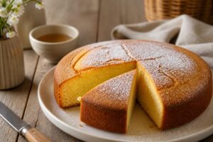 Gâteau nature moelleux coupé en tranches, posé sur une grille en bois, mie dorée et aérée visible
