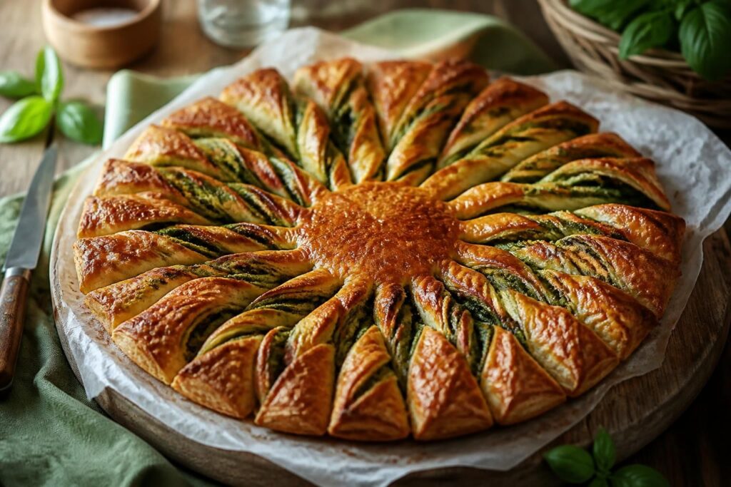 Tarte du soleil dorée aux rayons torsadés, garnie de pesto basilic et pignons de pin, posée sur une planche en bois pour l'apéro