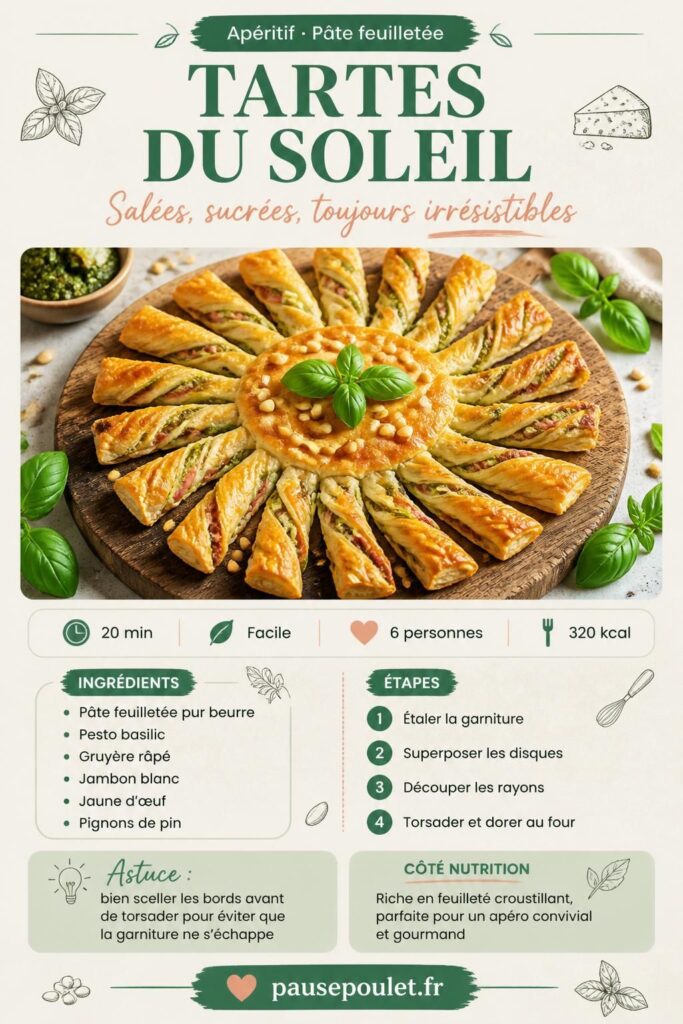 Tarte du soleil dorée aux rayons torsadés au pesto basilic, recette apéro facile