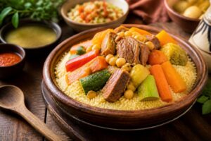 Grand plat de couscous marocain traditionnel avec agneau, poulet, merguez, légumes fondants et semoule dorée, servi en couscoussier sur table familiale