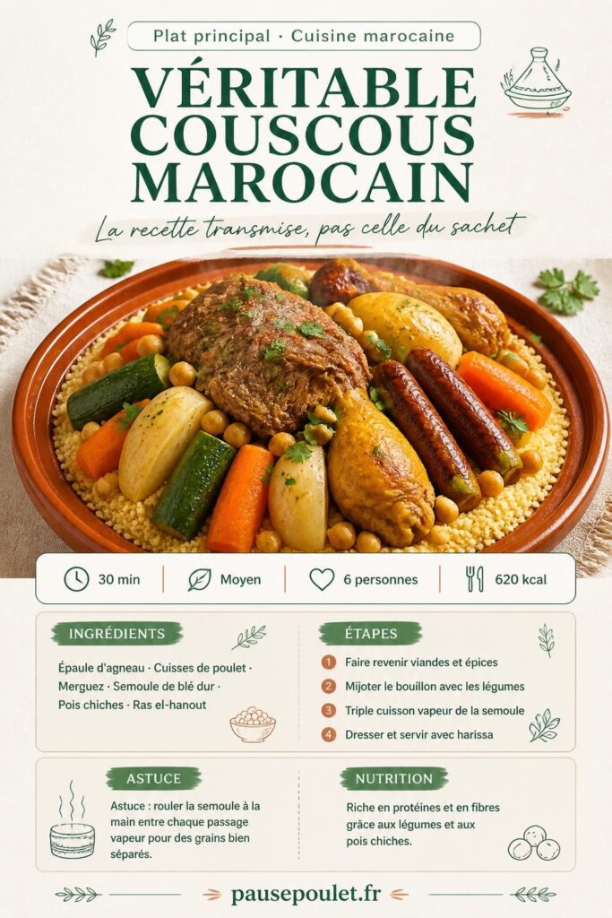 Véritable recette du couscous marocain traditionnel sur grand plat rond