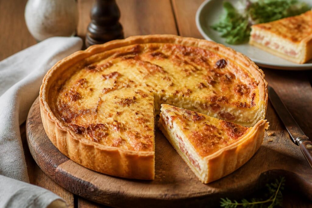 Vraie quiche lorraine traditionnelle dorée sur table en bois, garnie de lardons fumés, sans fromage
